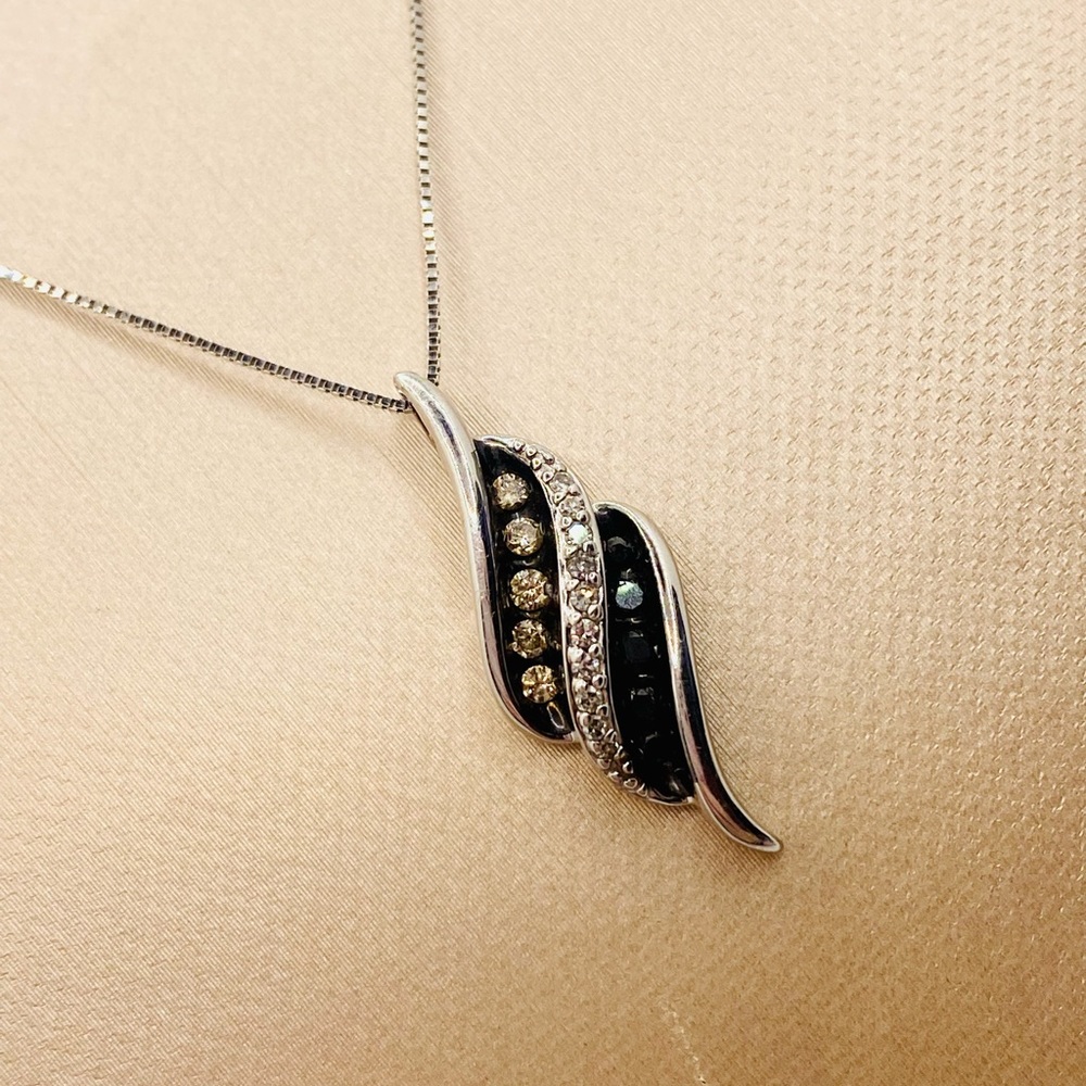 14K White Gold and White, Black & Champagne Diamond Pendant Necklace